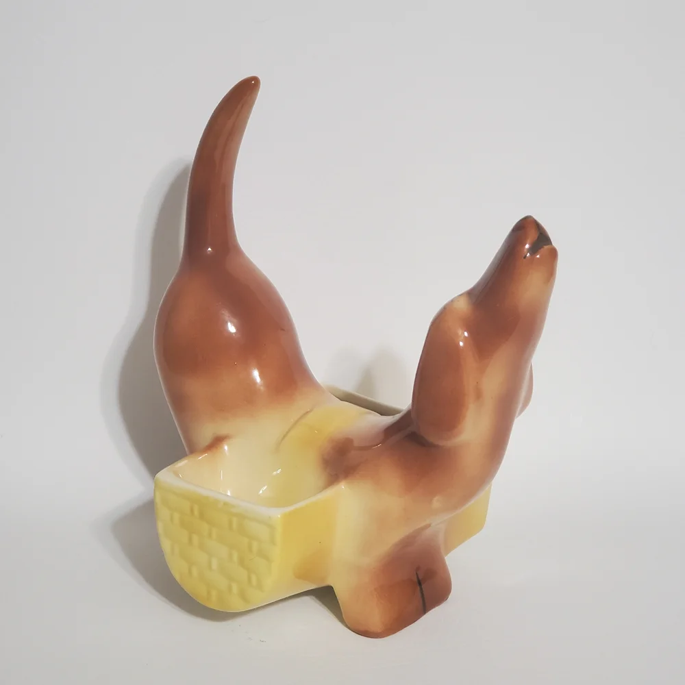 Vintage Ceramic Dachshund Wallet Valet in Brown and Yellow